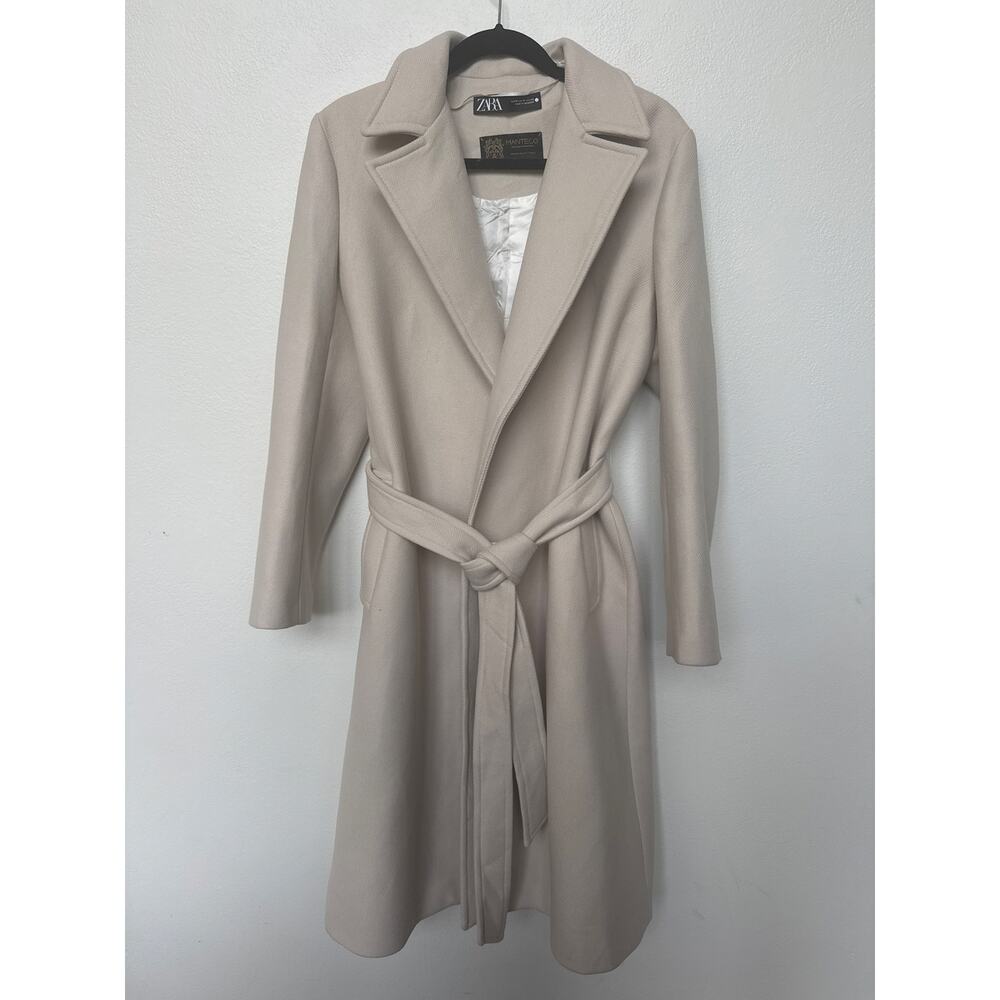 ZARA Manteco Wool Blend Belted Wrap Coat Light Beige Tan Womens Medium - Picture 2 of 6